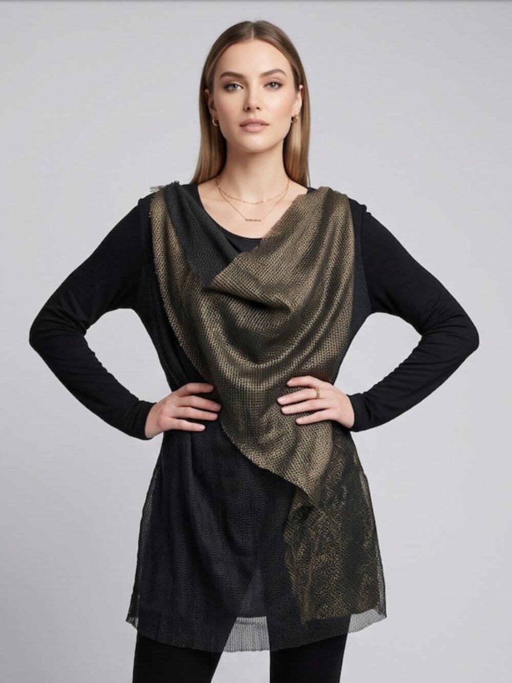 Draped Cowl Neck Tunic Top | Shimmer Mesh Overlay